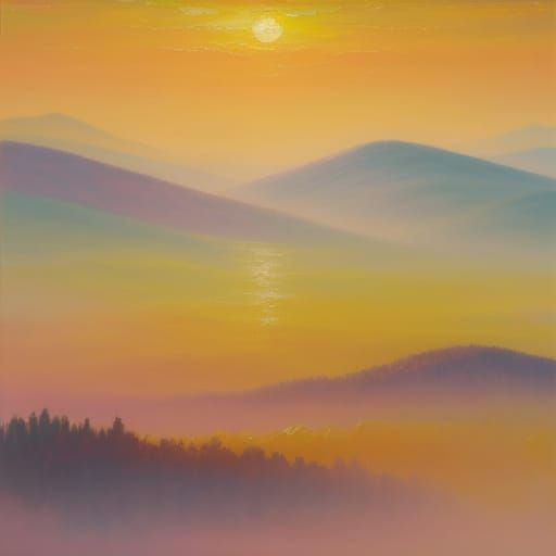 Neo-Impressionist Sun Rising Over Vibrant Landscape Oil Pain...