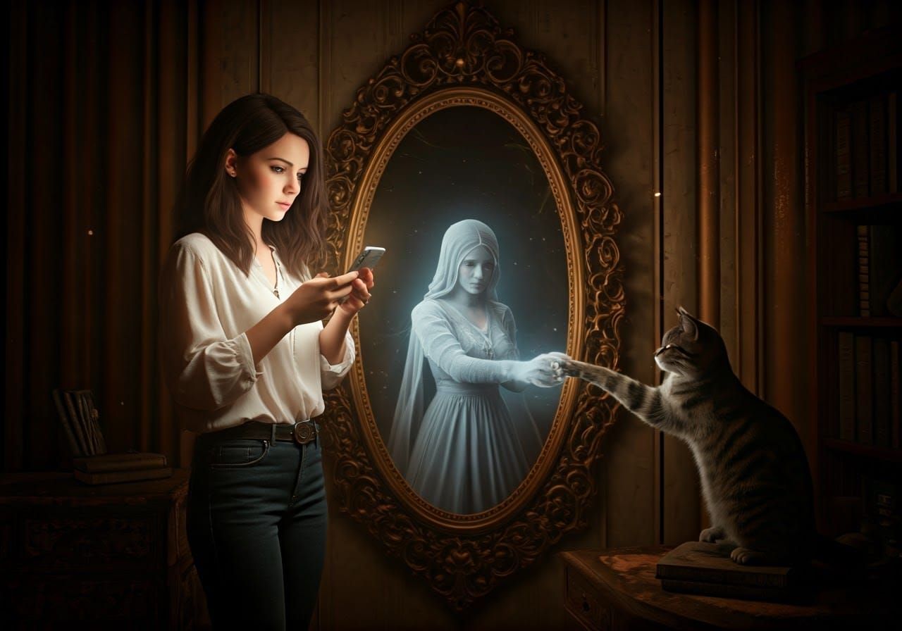 Ethereal Reflection: Ghostly Figure in Antique Mirror