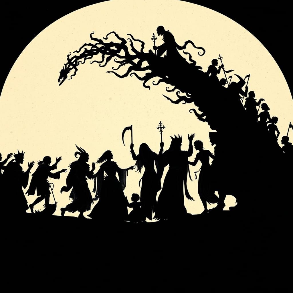 Surreal Danse Macabre in High-Contrast Silhouette