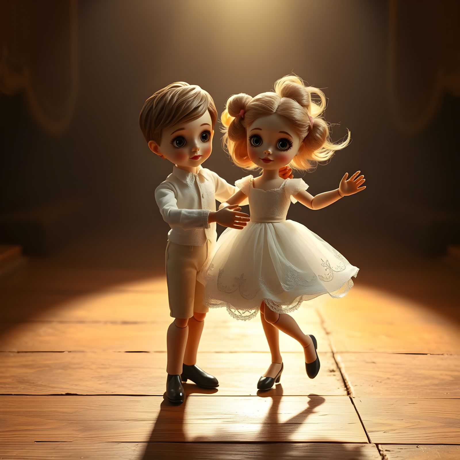 Whimsical Ballroom Dolls in Golden Spotlight