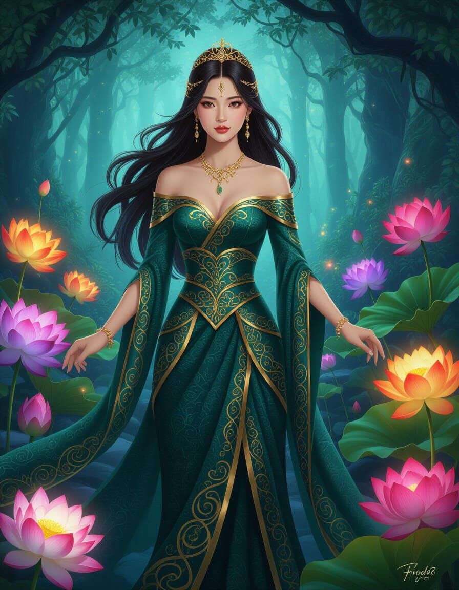 Asian Woman in Magical Forest with Lotus Flowers