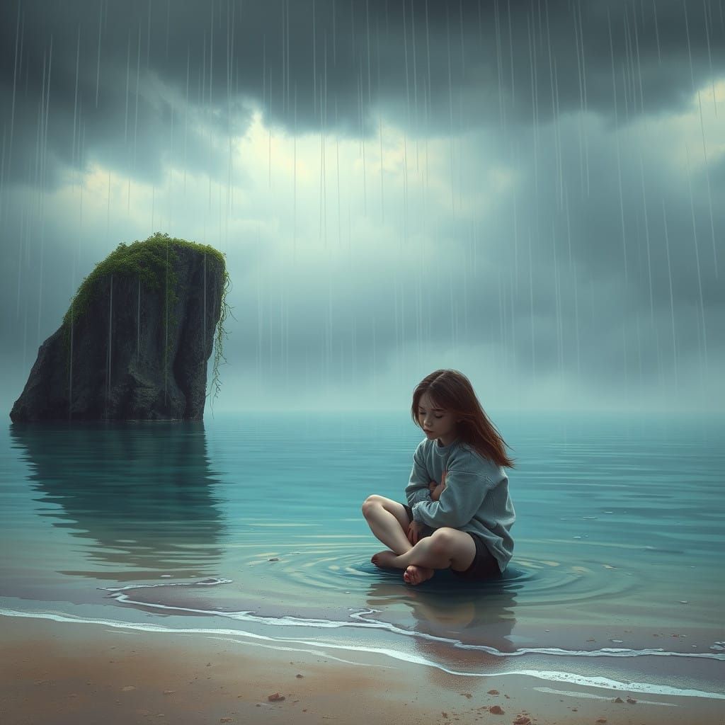 Whimsical Rainy Scene with a Girl Lost in Thought