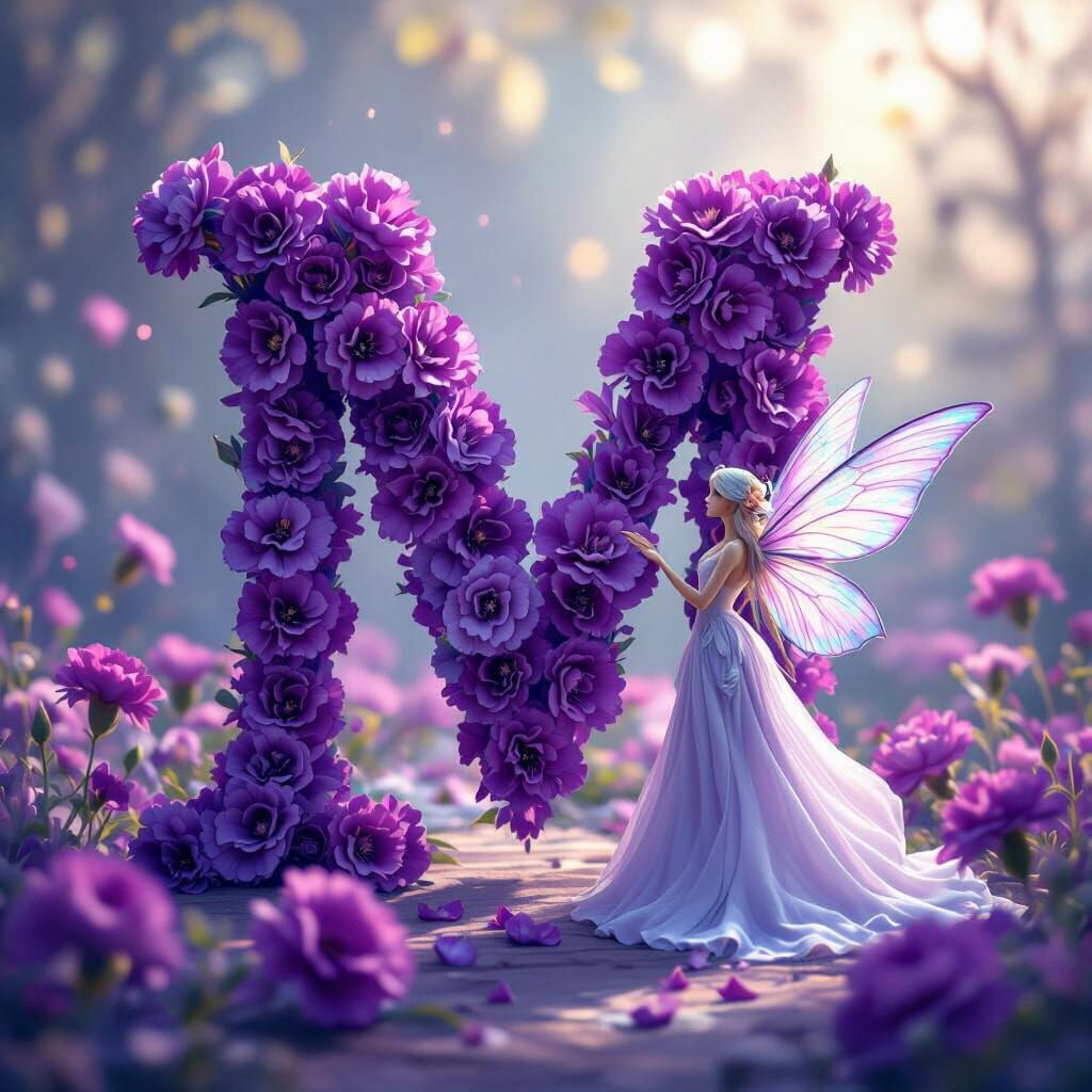Purple Carnation Letter M with Ethereal Fairy