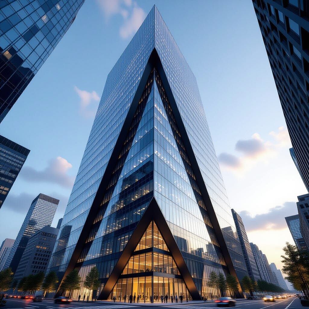 Modern Skyscraper Reflecting City Life in Cinematic Style