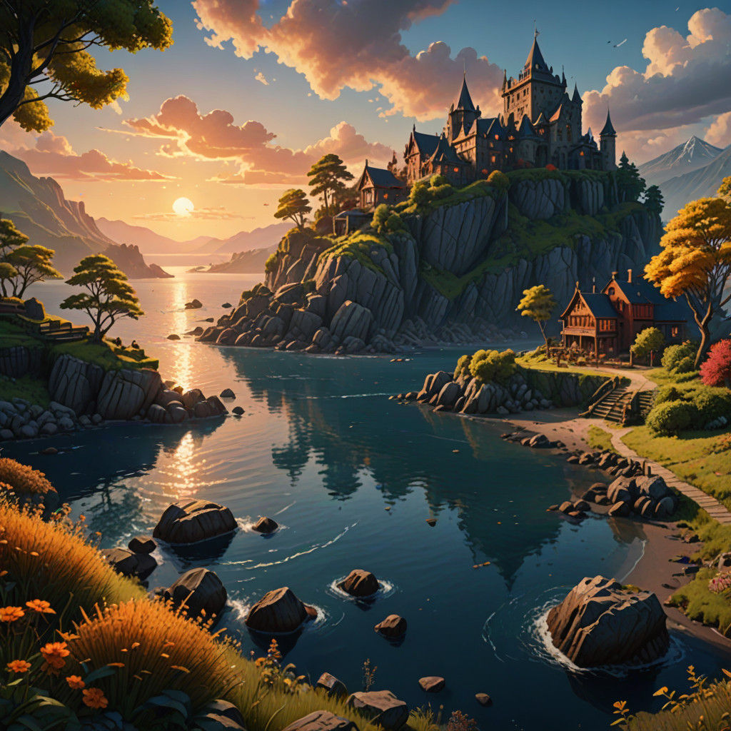 Vibrant Sunset Bay in Pointillist Digital Art