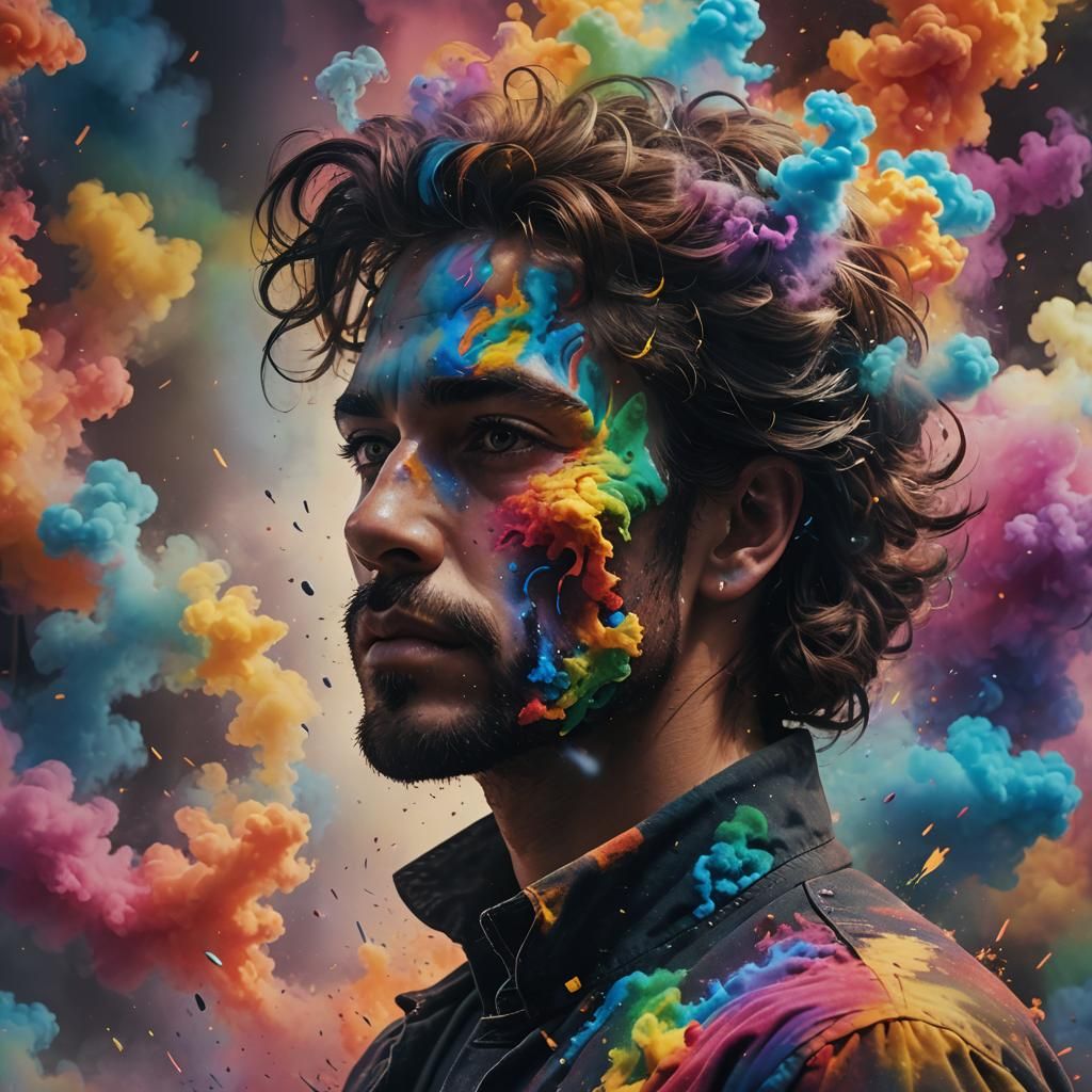 Figure in Rainbow Smoke: Cinematic Digital Art