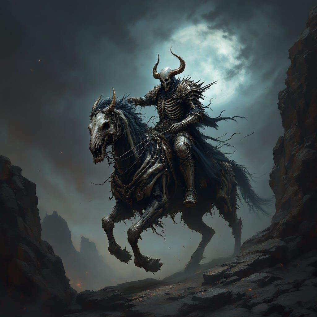 Dark Medieval Death Knight Rides Undead Steed