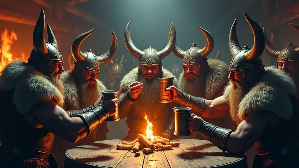 Vikings Toasting in Mead Hall: Frazetta Style