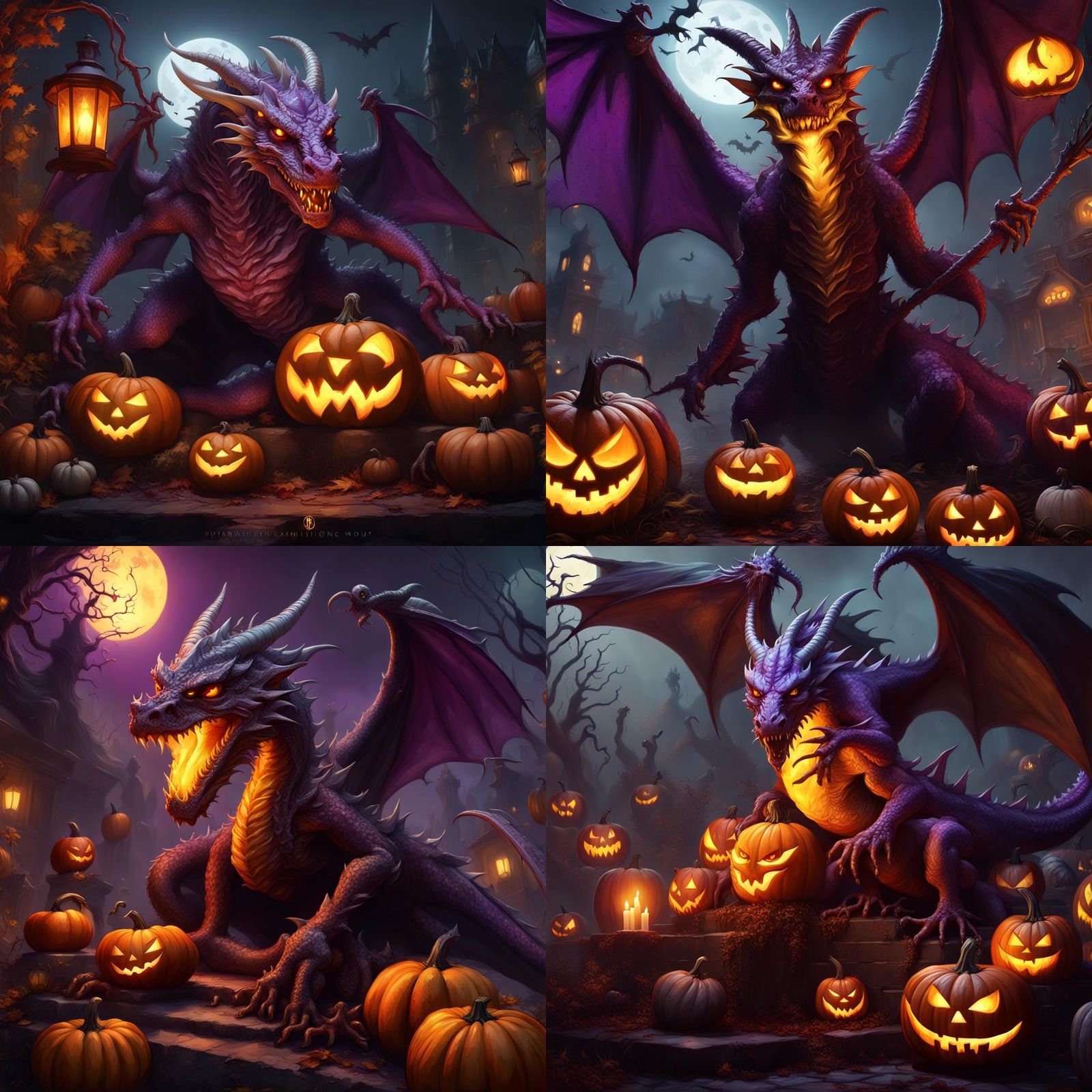 Halloween Dragons and Witch in Dark Fantasy Style