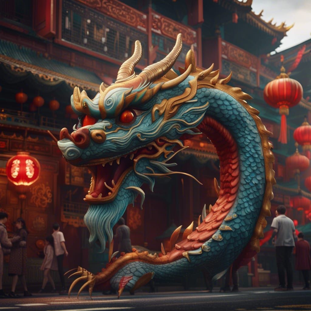 Chinese Dragon Parade in Detailed Matte Painting Style