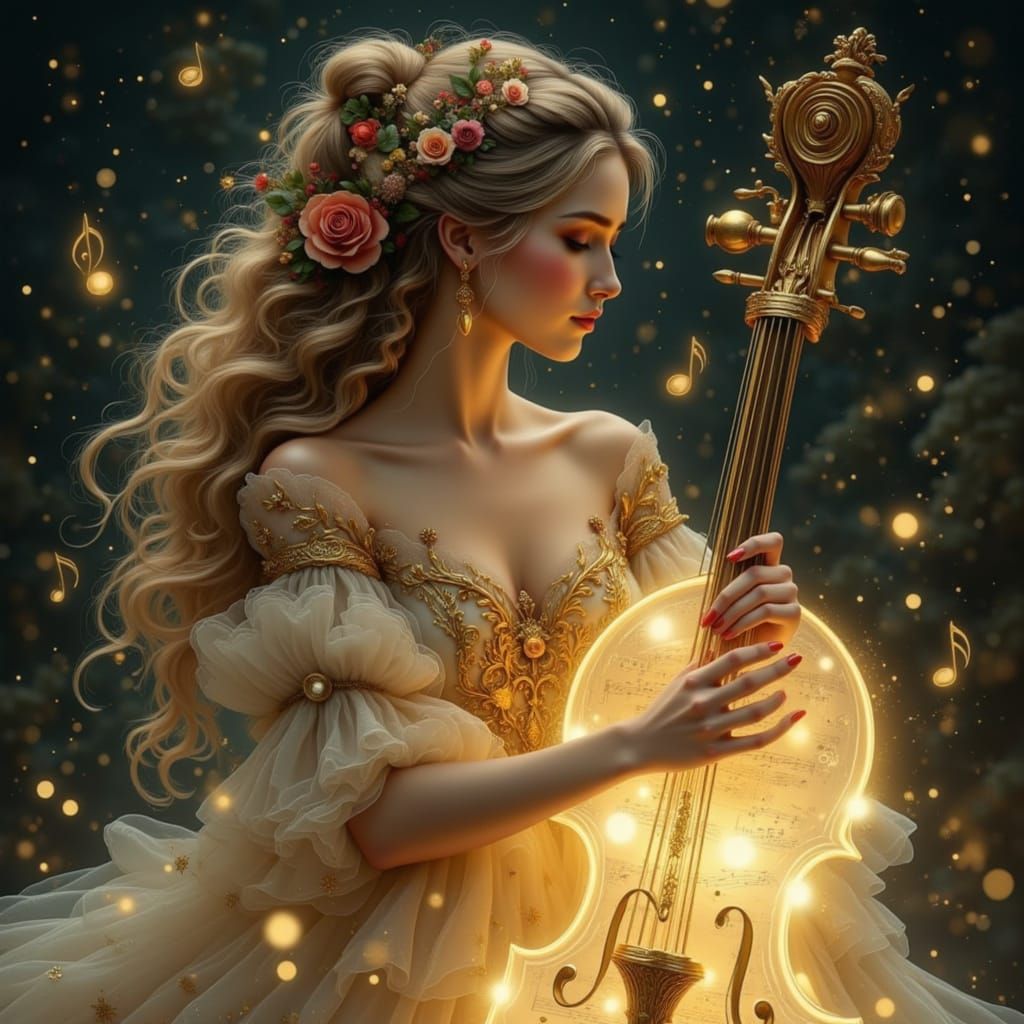 Ethereal Woman Plays Glowing Cello in Golden Light