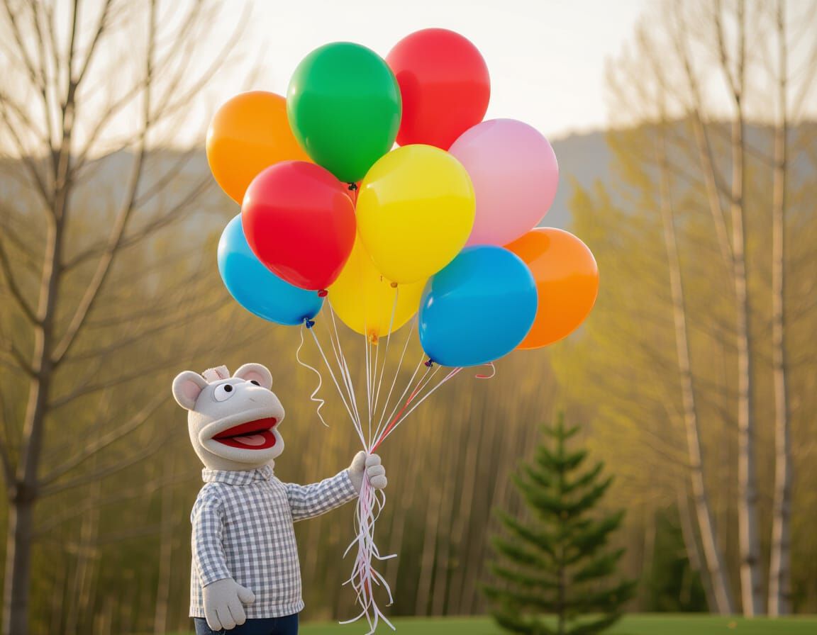 Cute Puppet Holding Colorful Balloons