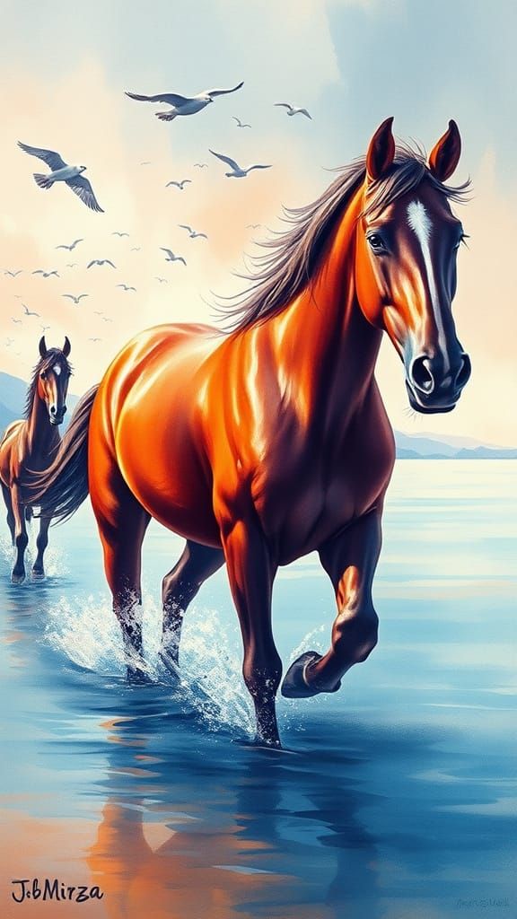 Ethereal Horses in Dreamy Seaside Landscape