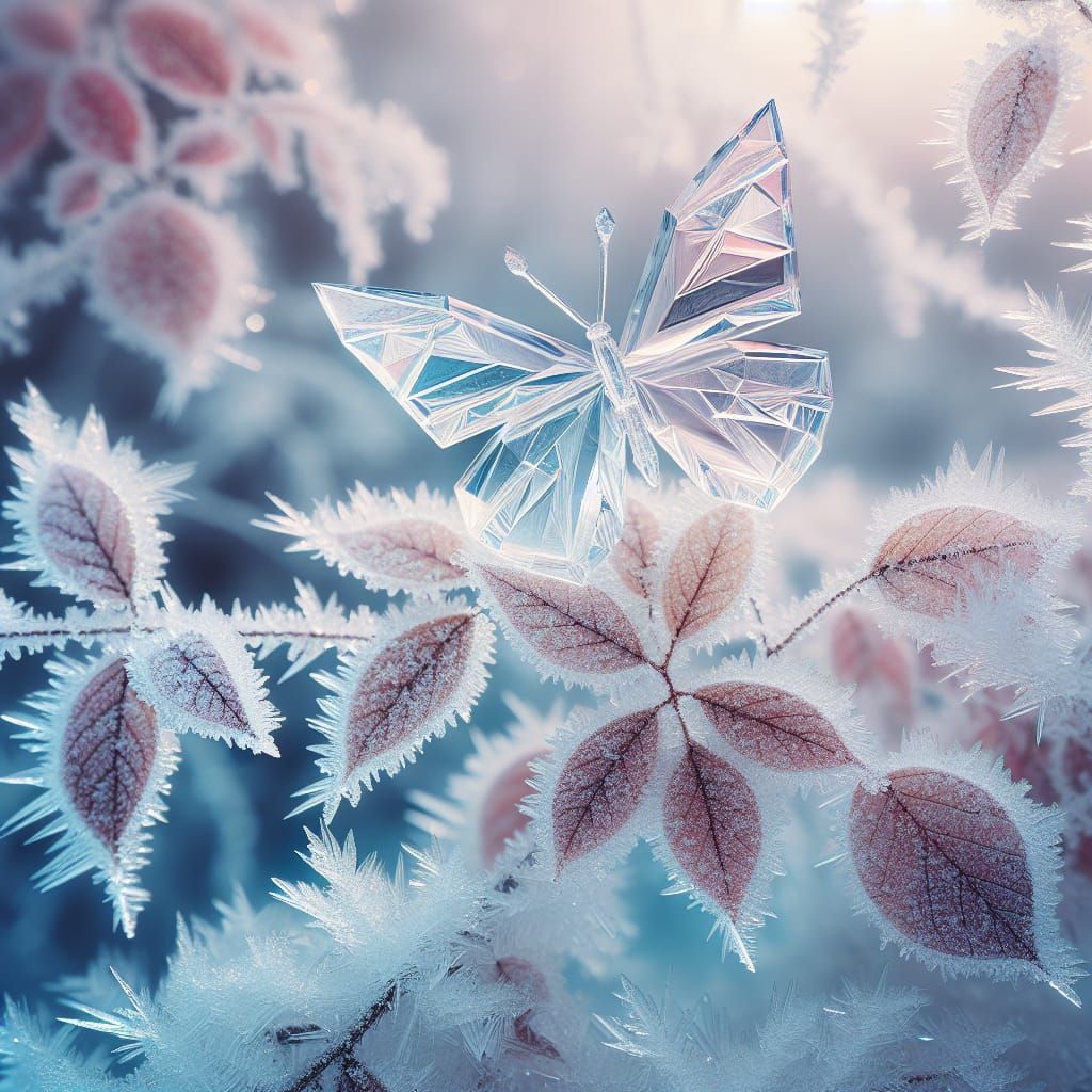 Crystal Butterfly on Frosted Leaves in Winter