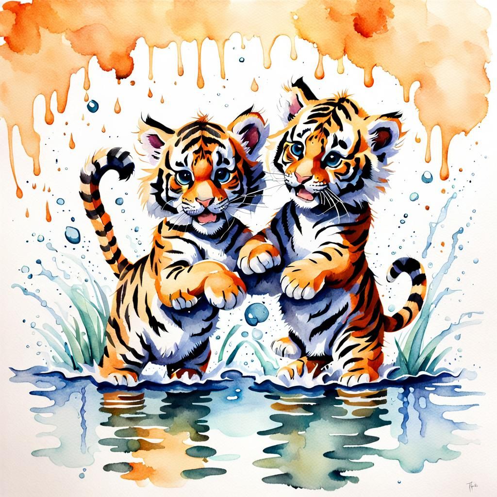 Fluffy Baby Tigers Playing: Watercolour Illustration