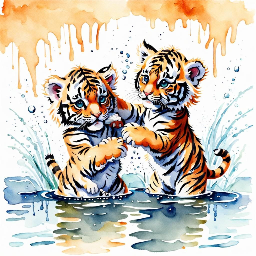 Watercolor Painting of Two Cute Baby Tigers