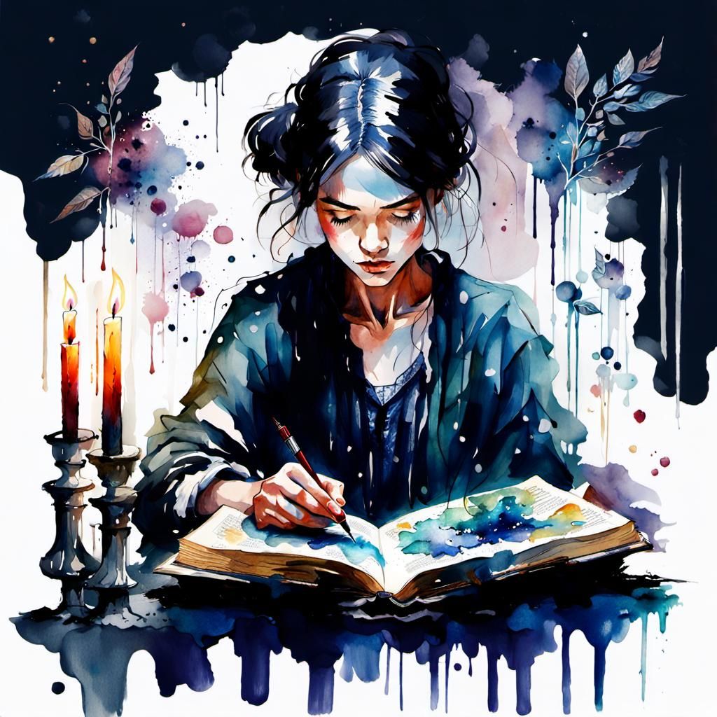 Silver-Haired Woman Reading: Watercolor Fairy Tale Illustrat...