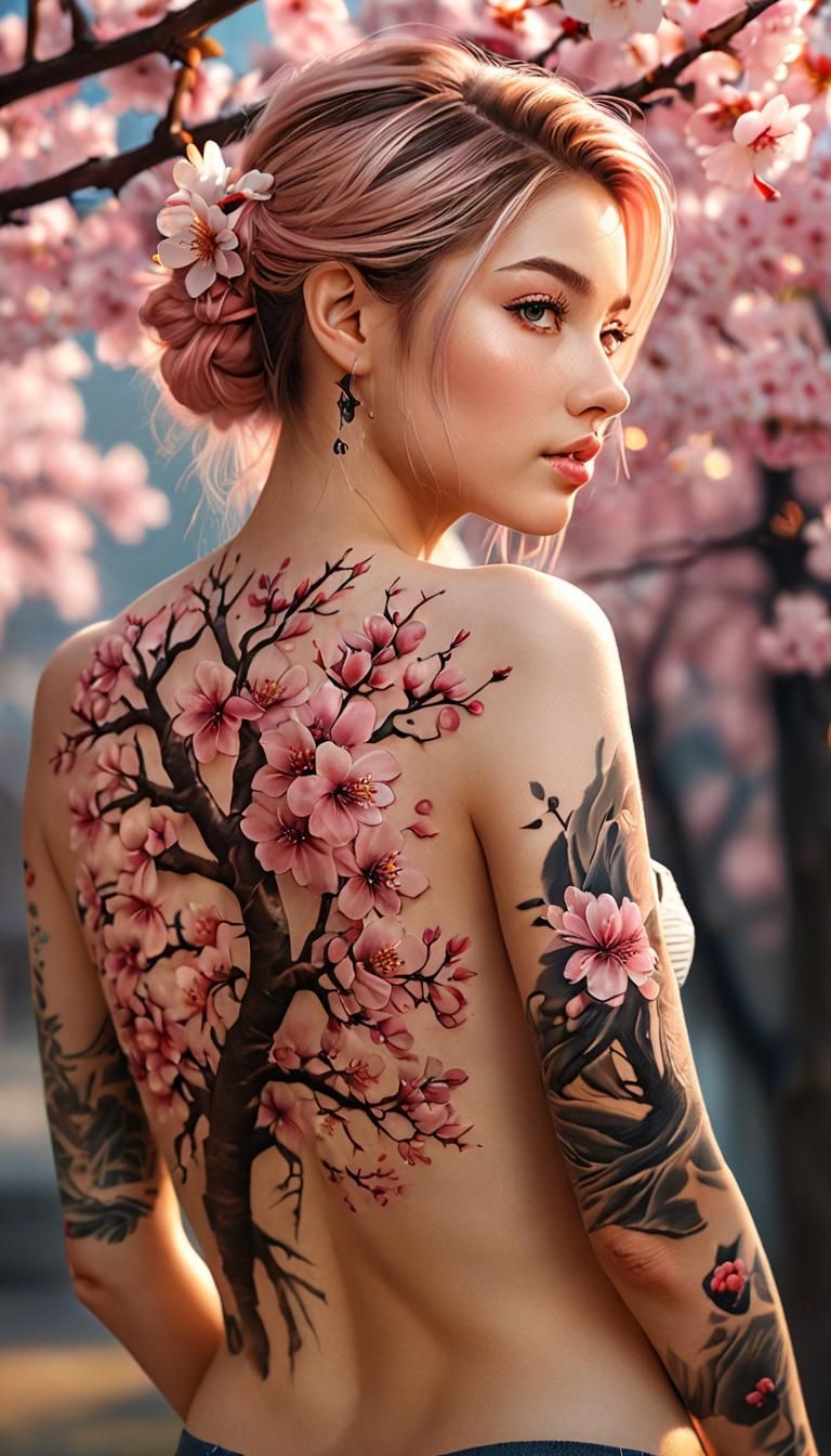 Cherry Blossom Tattoo Portrait in Realistic Anime Style