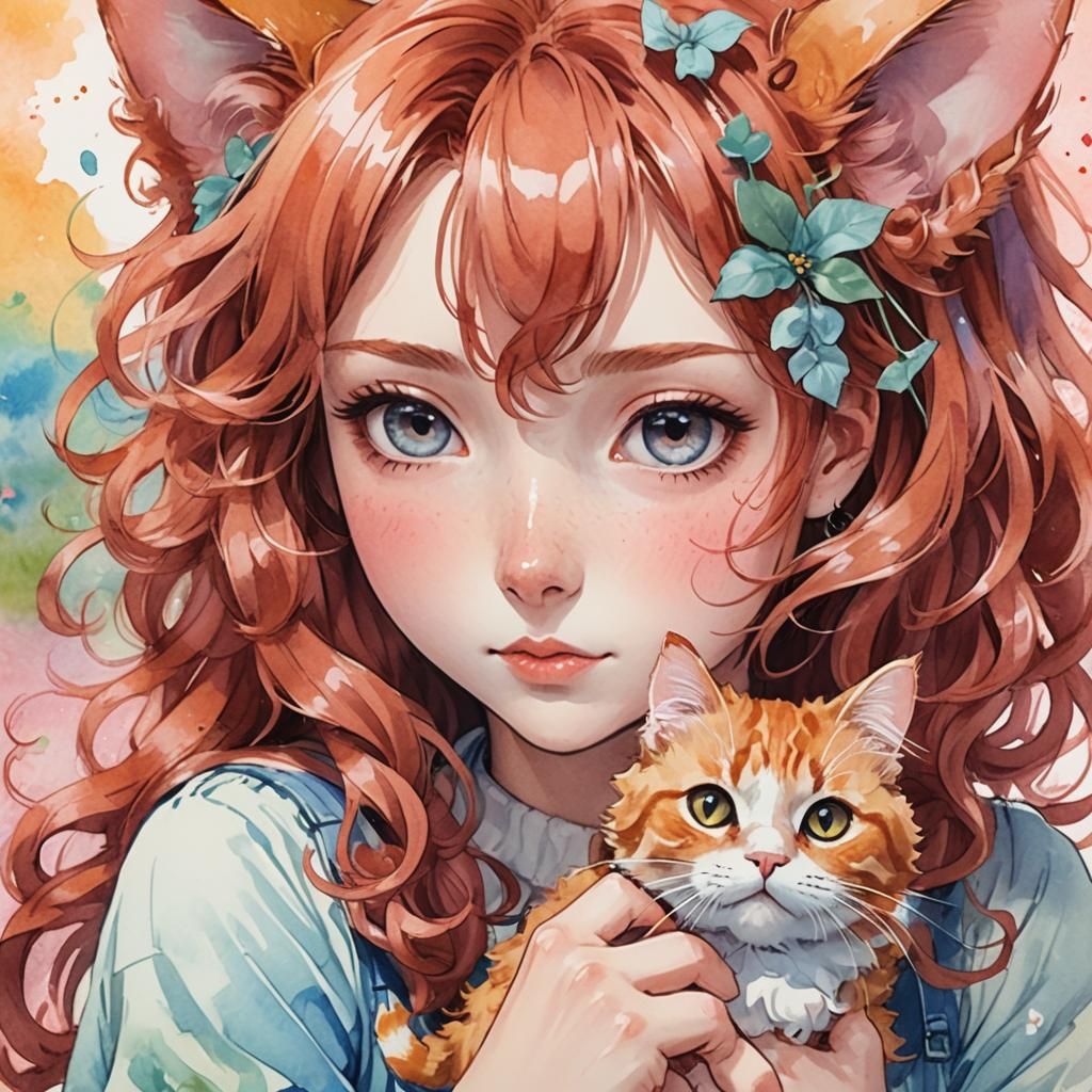 Anime Woman with Cat in Watercolor Style
