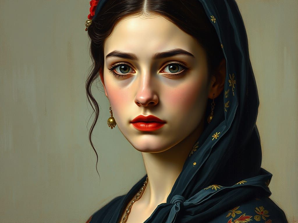 Enigmatic Woman in Pre-Raphaelite and Surrealist Style