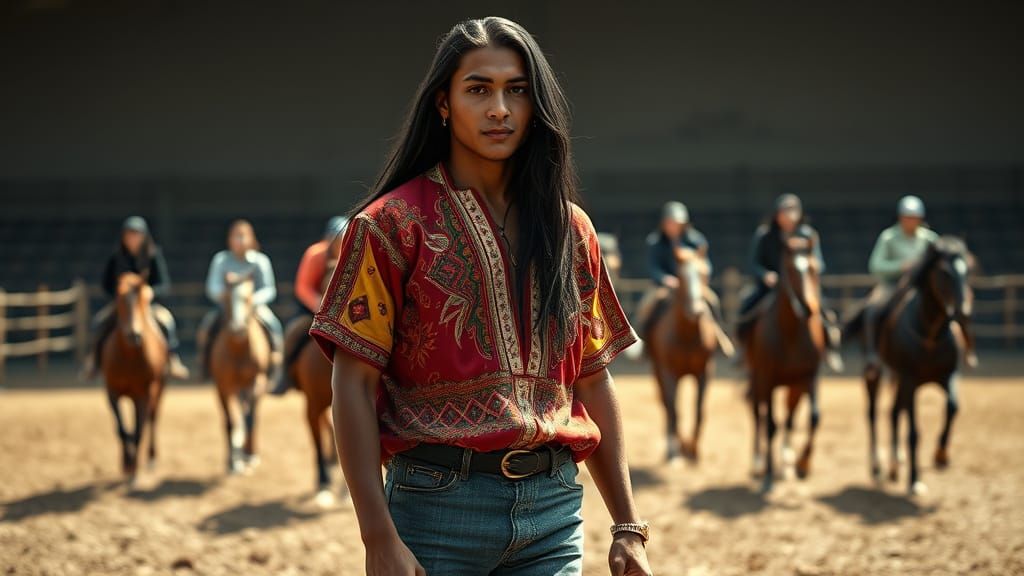 Native American Horse Riding Instructor in Traditional Attir...