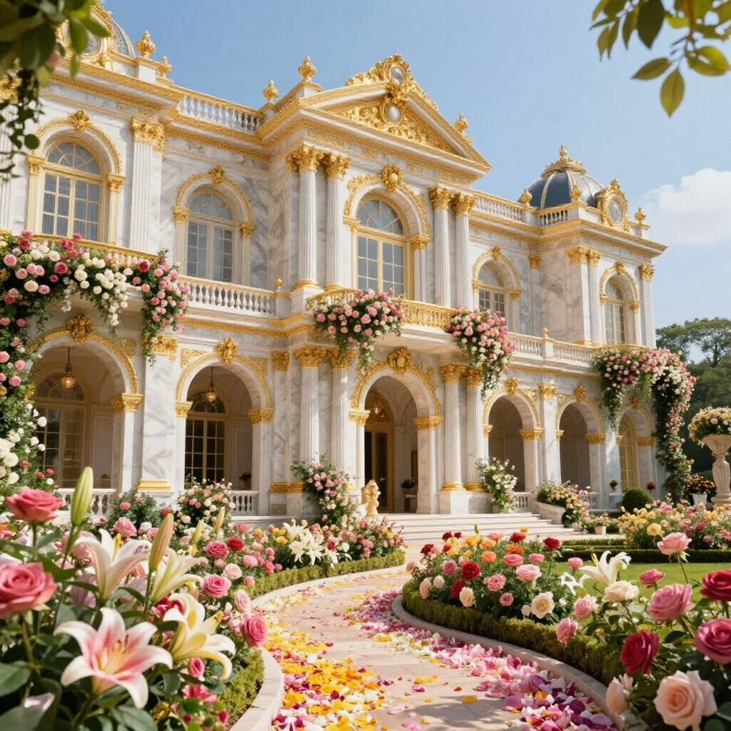 Radiant Marble Palace Overflowing with Golden Flowers