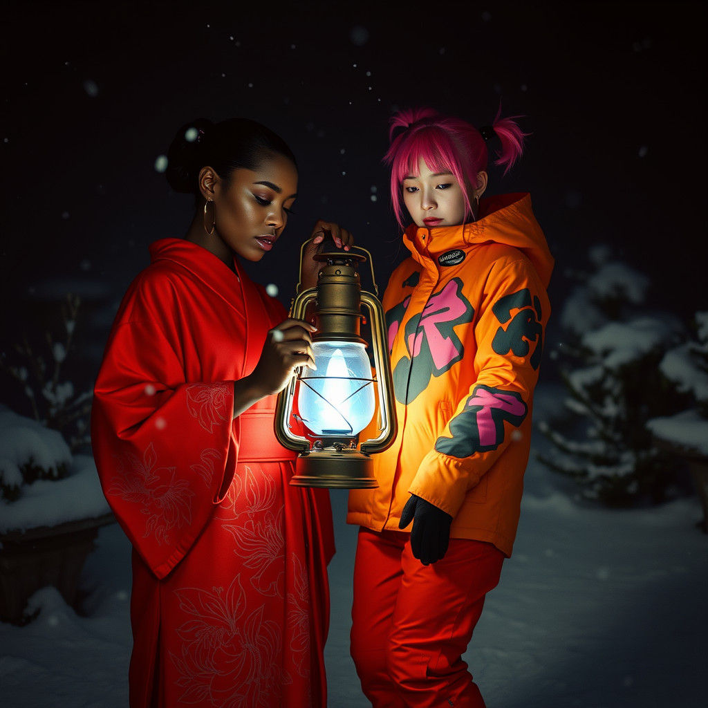 Ethereal Lantern Glow in Snow-Draped Garden