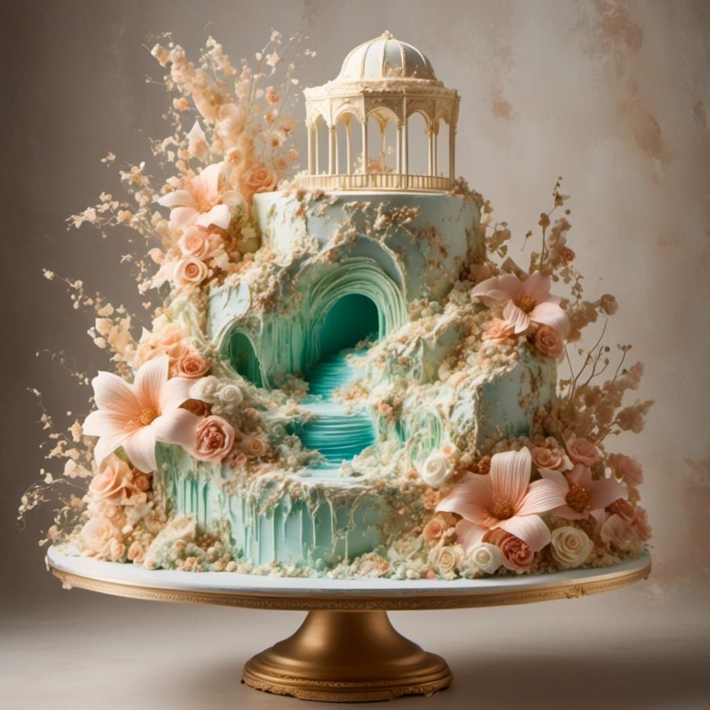 <lora:Landmark Confections:1.0> Beachscape Wedding Gazebo Cake