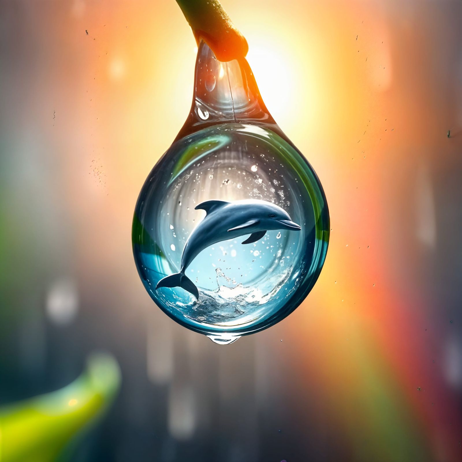 Whimsical Raindrop Wonderland with Dolphin