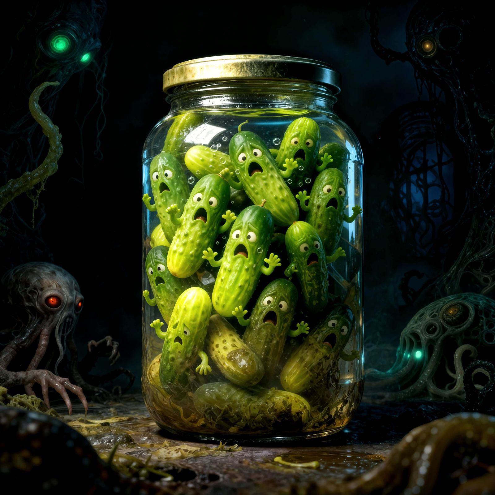 Scared Pickles Trapped in Jar, Dark Eerie Atmosphere