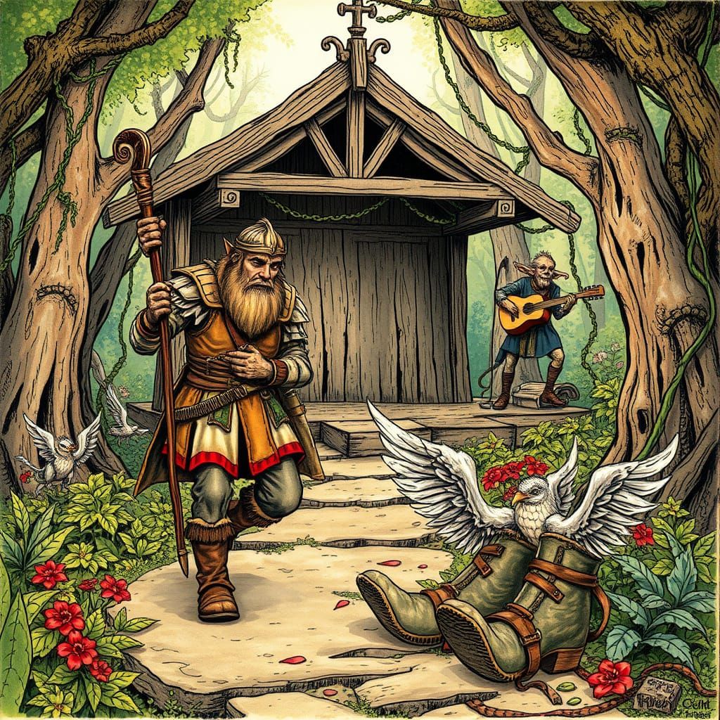 Whimsical Literary Illustration of a Drunken God's Tale