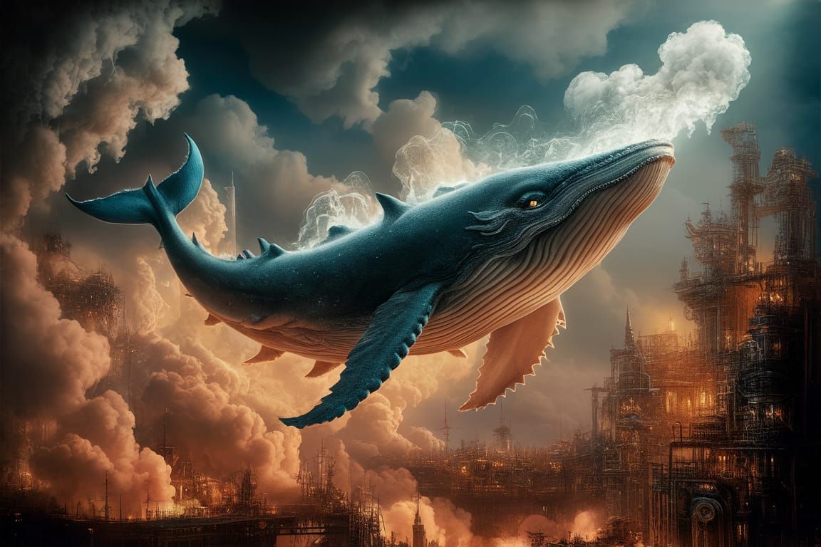 Steampunk Dragon-Whale Soaring Through Bioluminescent City
