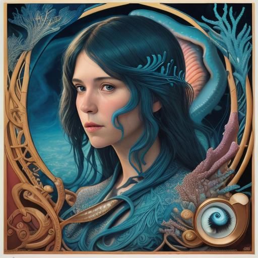 Megalodon in Ocean Depths: Psychedelic Art Nouveau