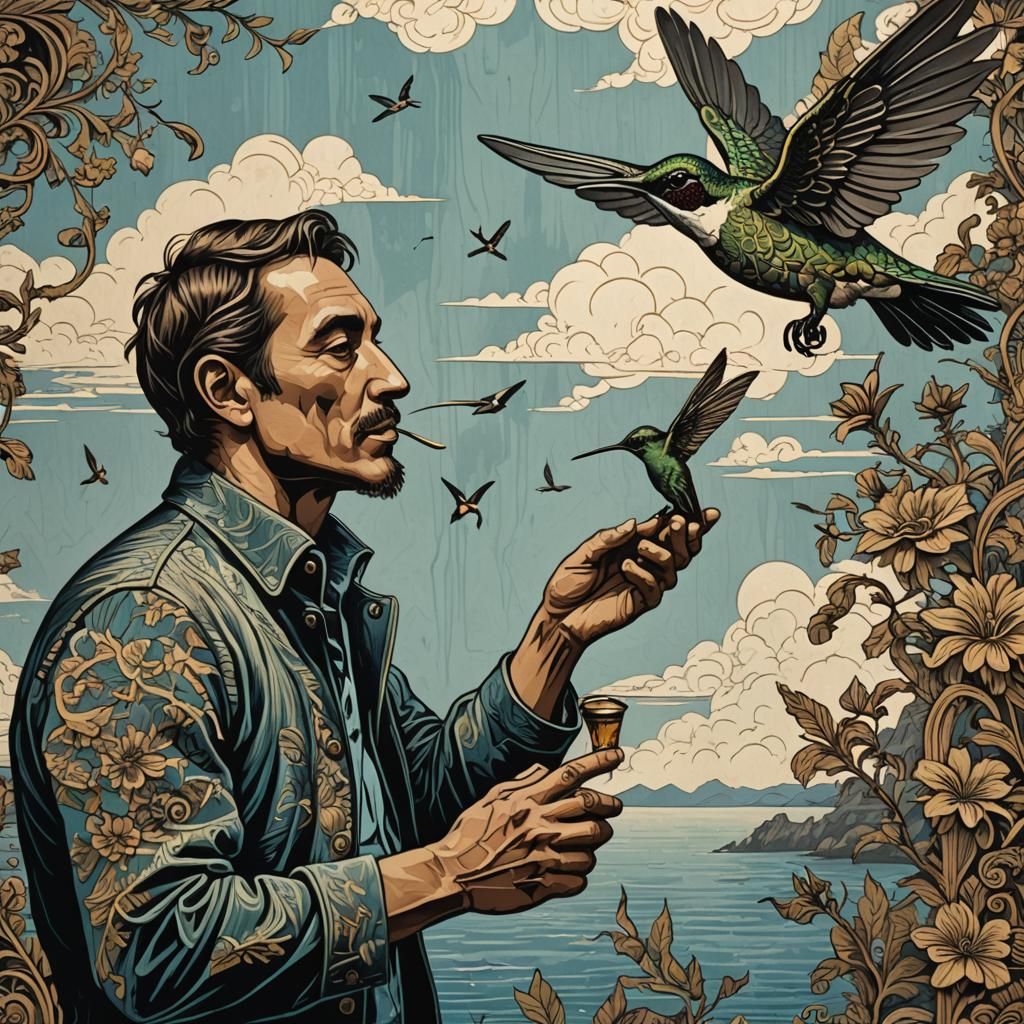 Man Feeding Hummingbird in Woodcut Style