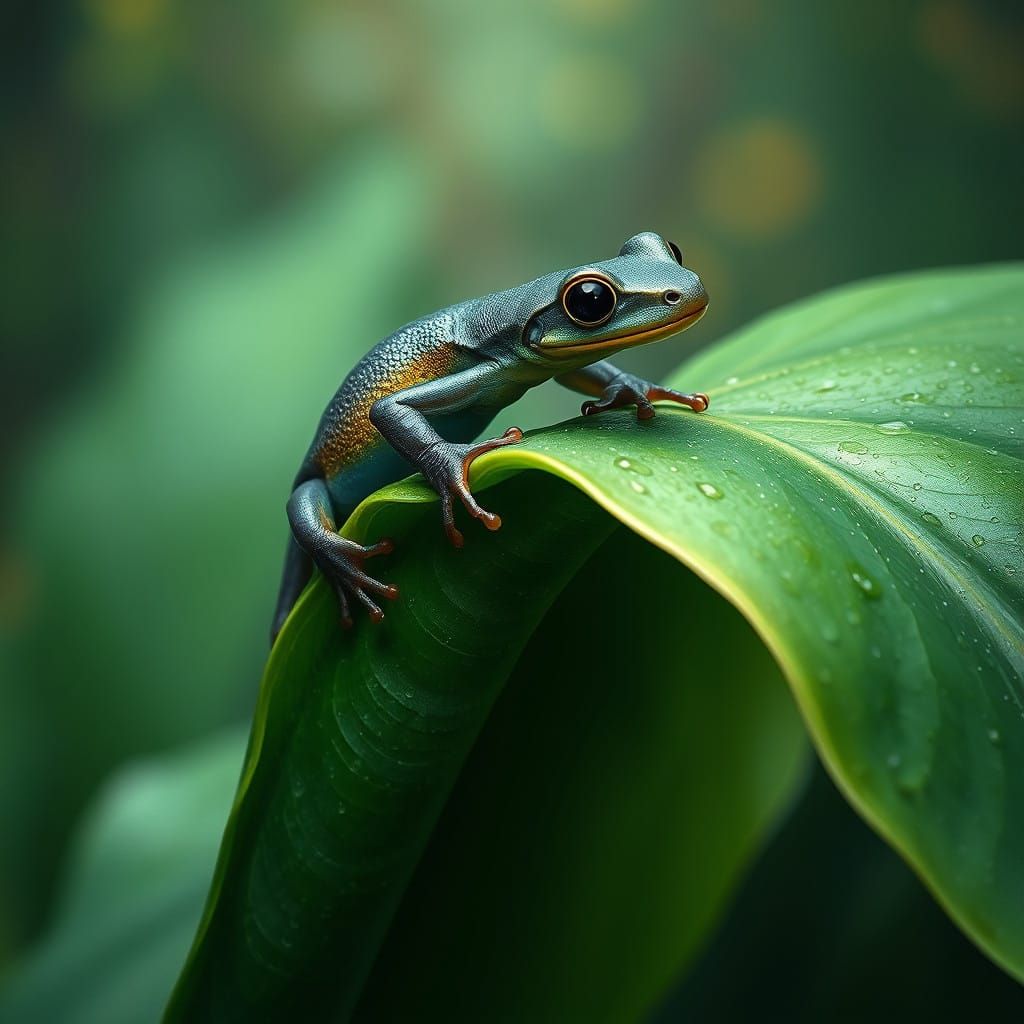 Vibrant Newt Perched on Dewy Leaf in Lush Landscape