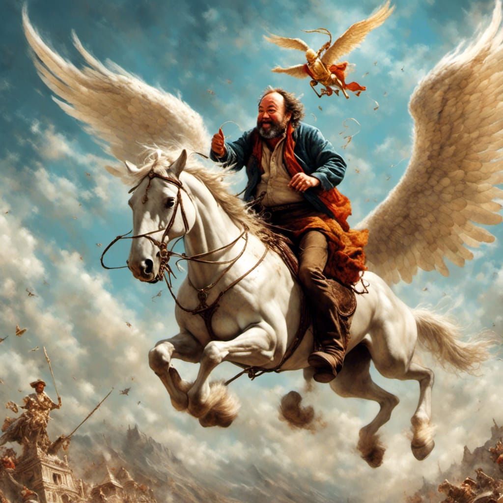 Bud Spencer Rides a Pegasus in Fantasy Graphic Style