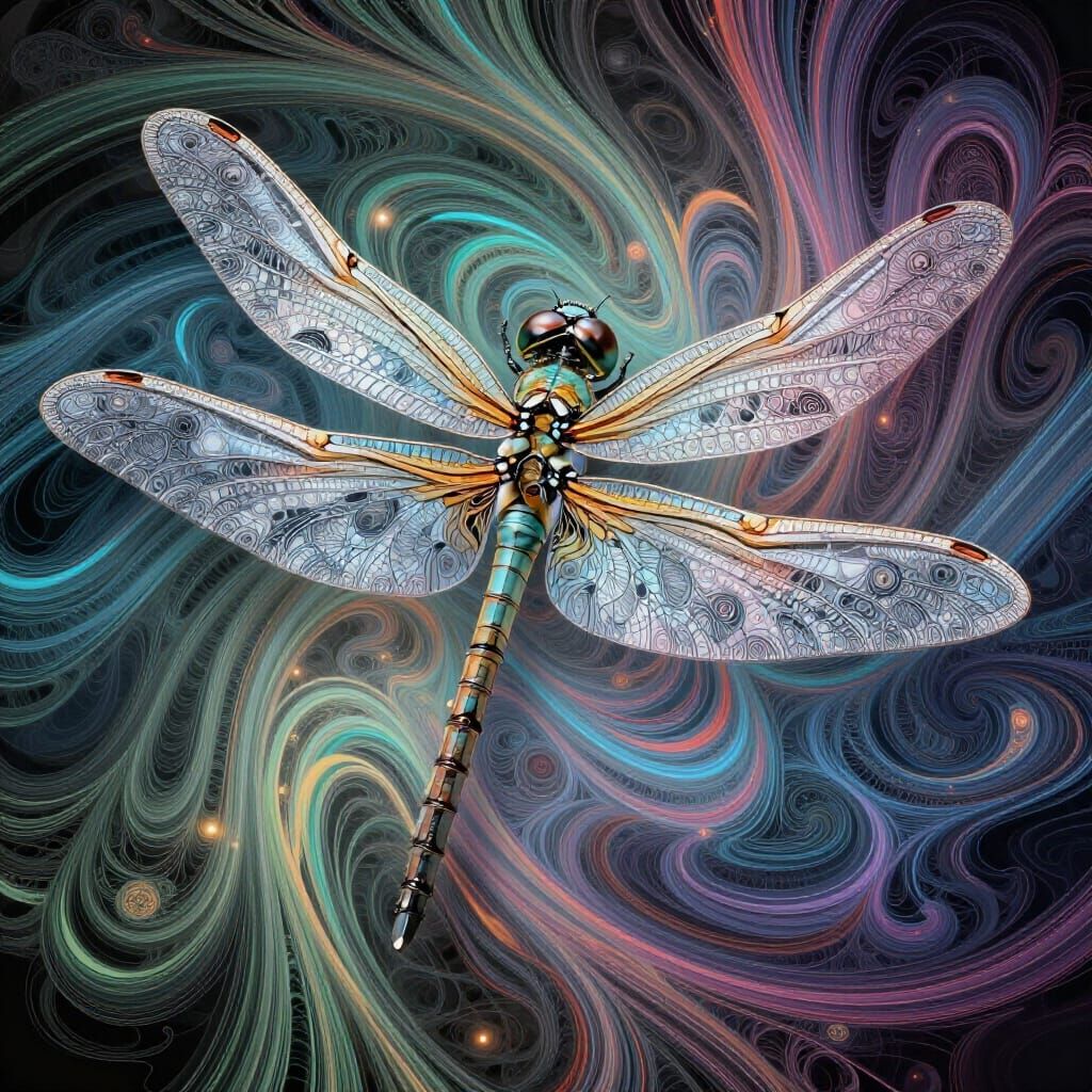 Abstract Vector Fractal Dragonfly with Zentangle Patterns