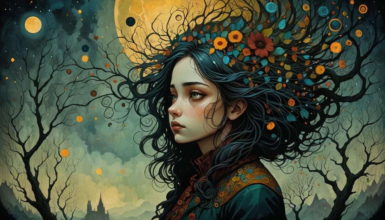 Melancholic Girl Daydreaming in Comic Noir Style