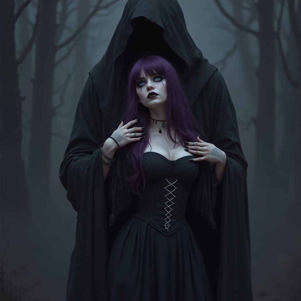 Ethereal Woman with Sinister Figure, Digital Art