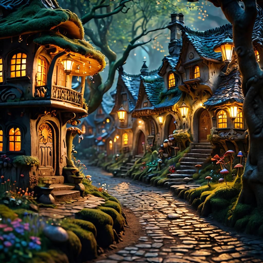 Mushroom Village with Fairy Dust in Cinematic Lighting