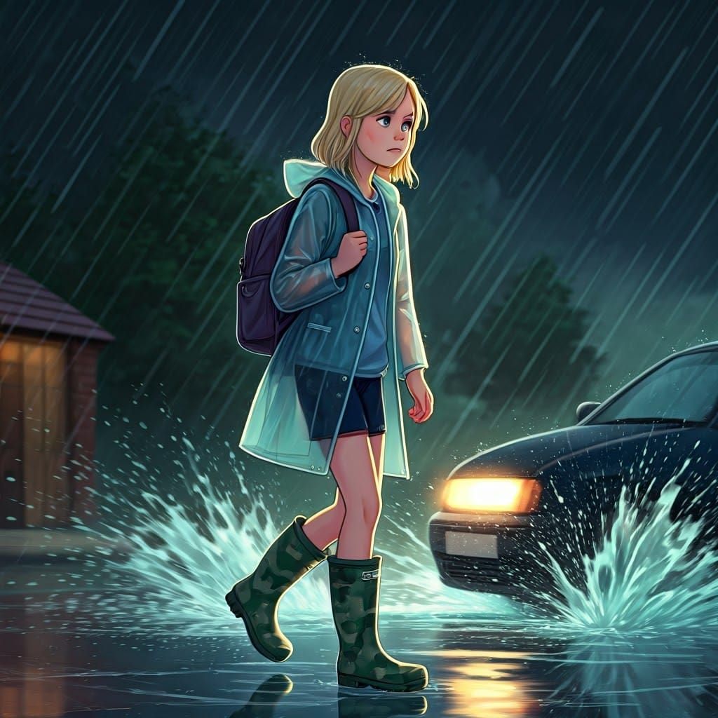 Girl Splashed by Car Walking Home in Rain