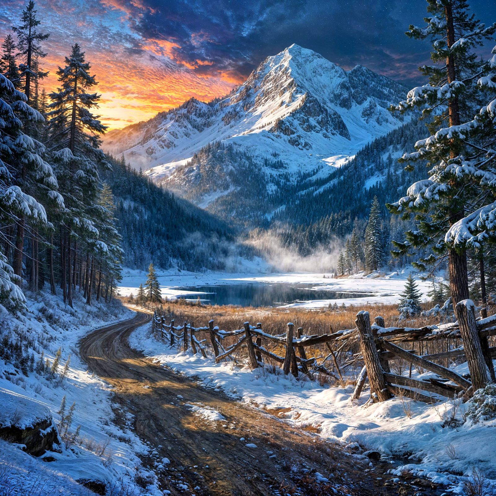 Winter Mountain Forest Sunrise with Dilapidated Fence