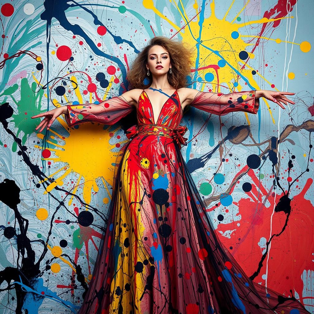 Model in Paint-Splattered Haute Couture Gown