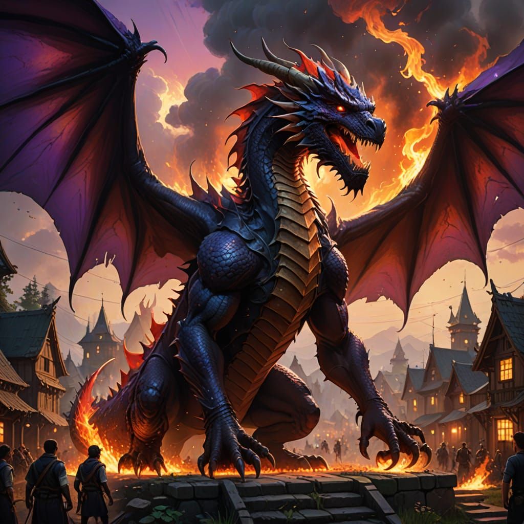 Red Dragon Burns Village in Dark Fantasy Art