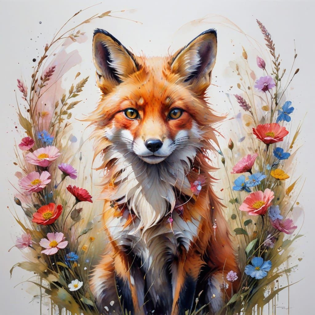 Whimsical Watercolour Fox in a Vibrant Japanese-Inspired Mea...