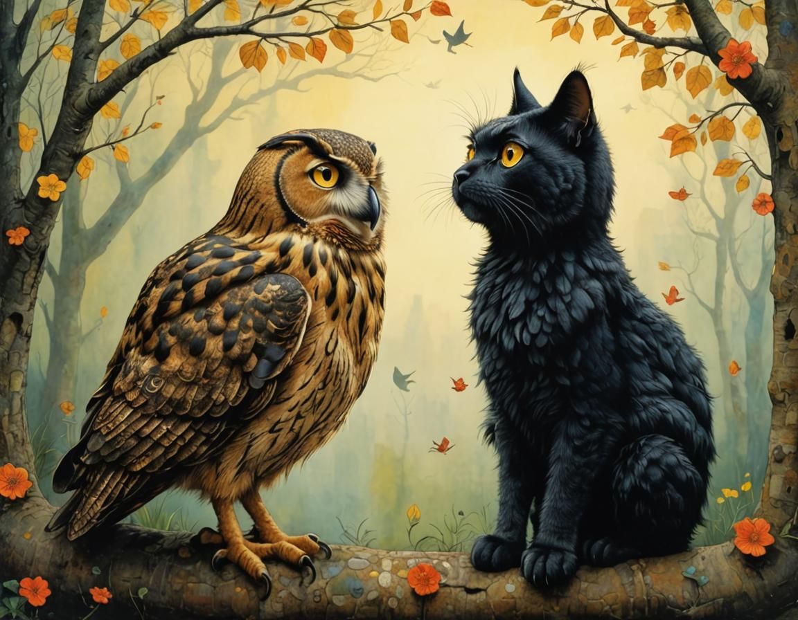 Cat and Owl Conversation in Hundertwasser Style