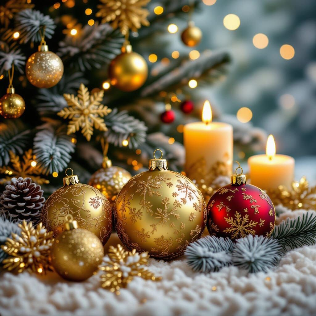 Festive New Year Composition with Candles and Baubles