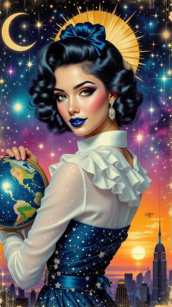 Stardust Galaxy Goddess Cradling City Globe in Digital Art