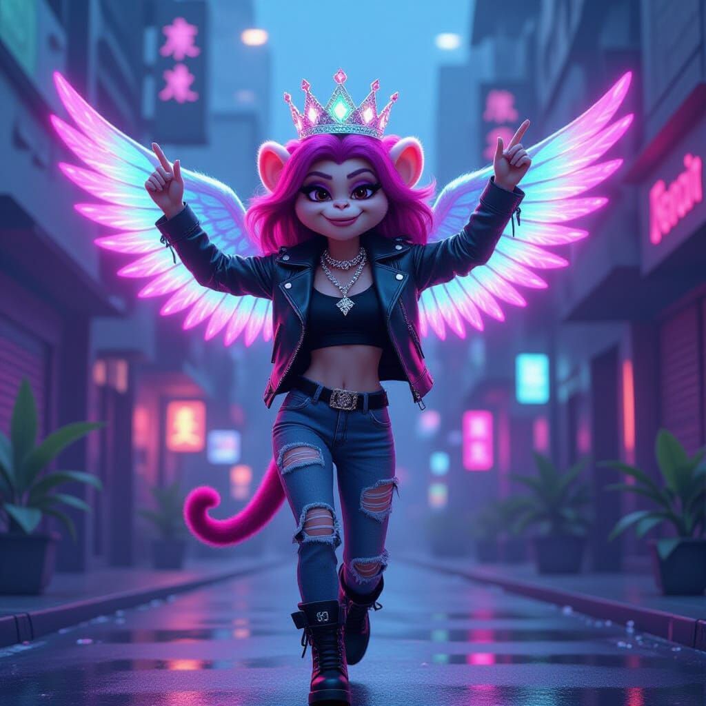 Pixar Diva Performer with Emoji Wings in Neon City