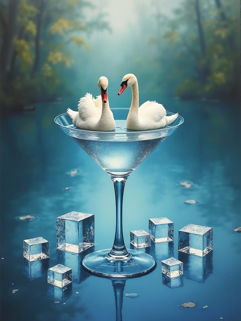 Swans in Surreal Lake Scene on Melting Ice